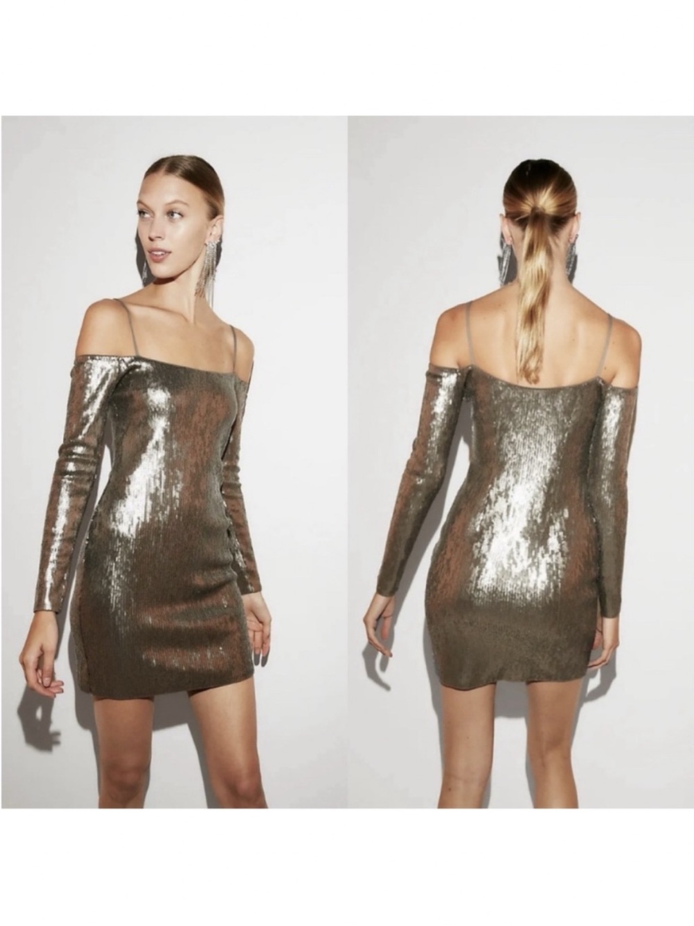 Express Metallic Silver Cold-Shoulder Slip Dress